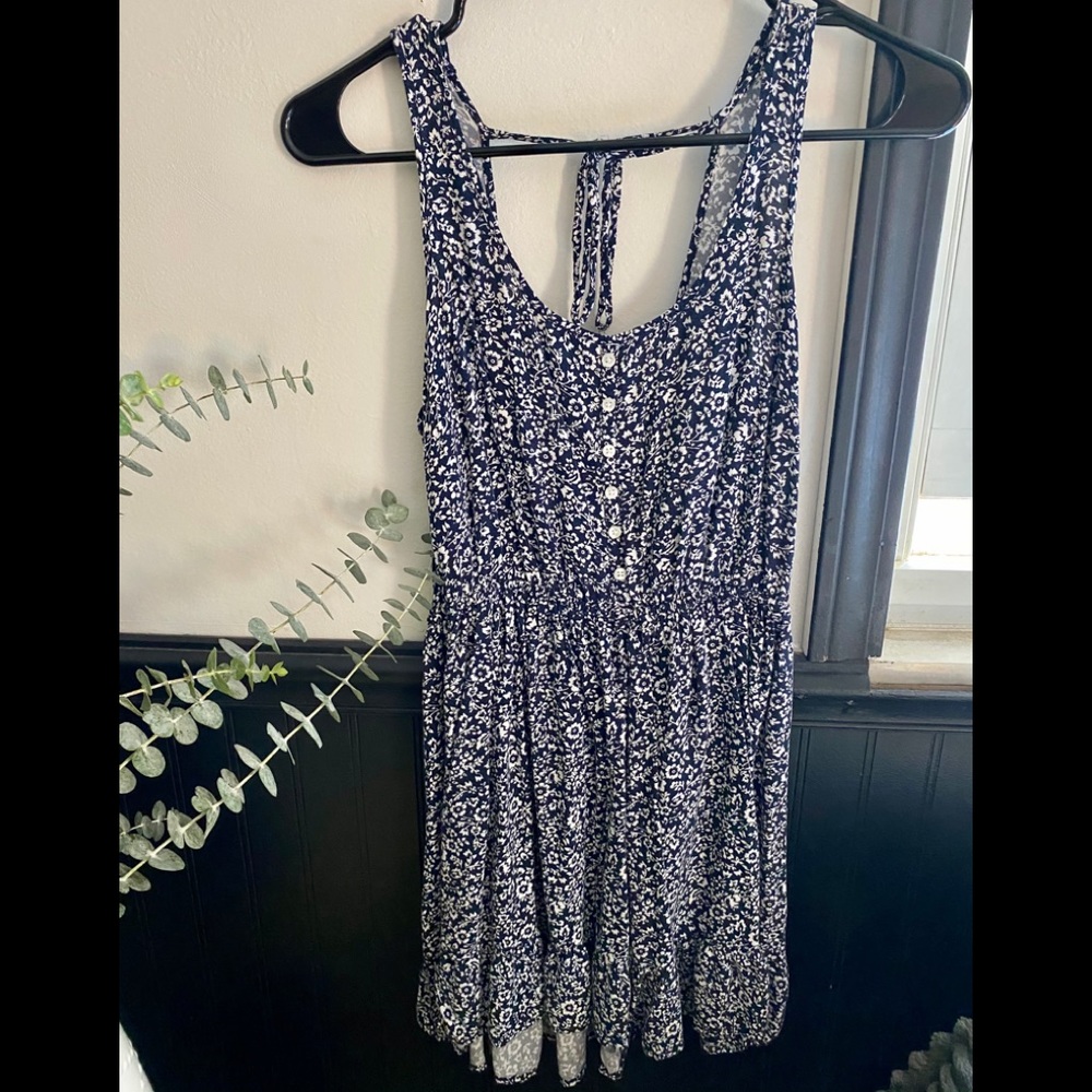Mid length dress, navy blue and floral print